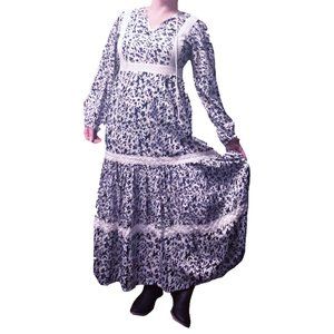 Prairie Dress Floral Maxi Long Sleeve Peasant With Crocheted Details Side Zip